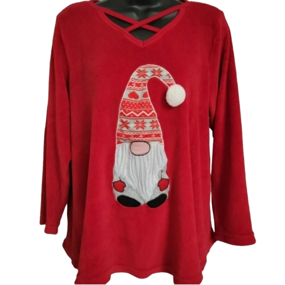 Merry Christmas Poof Top Women M Red Gnome Fleece Ugly Sweater‎ Long Sleeves